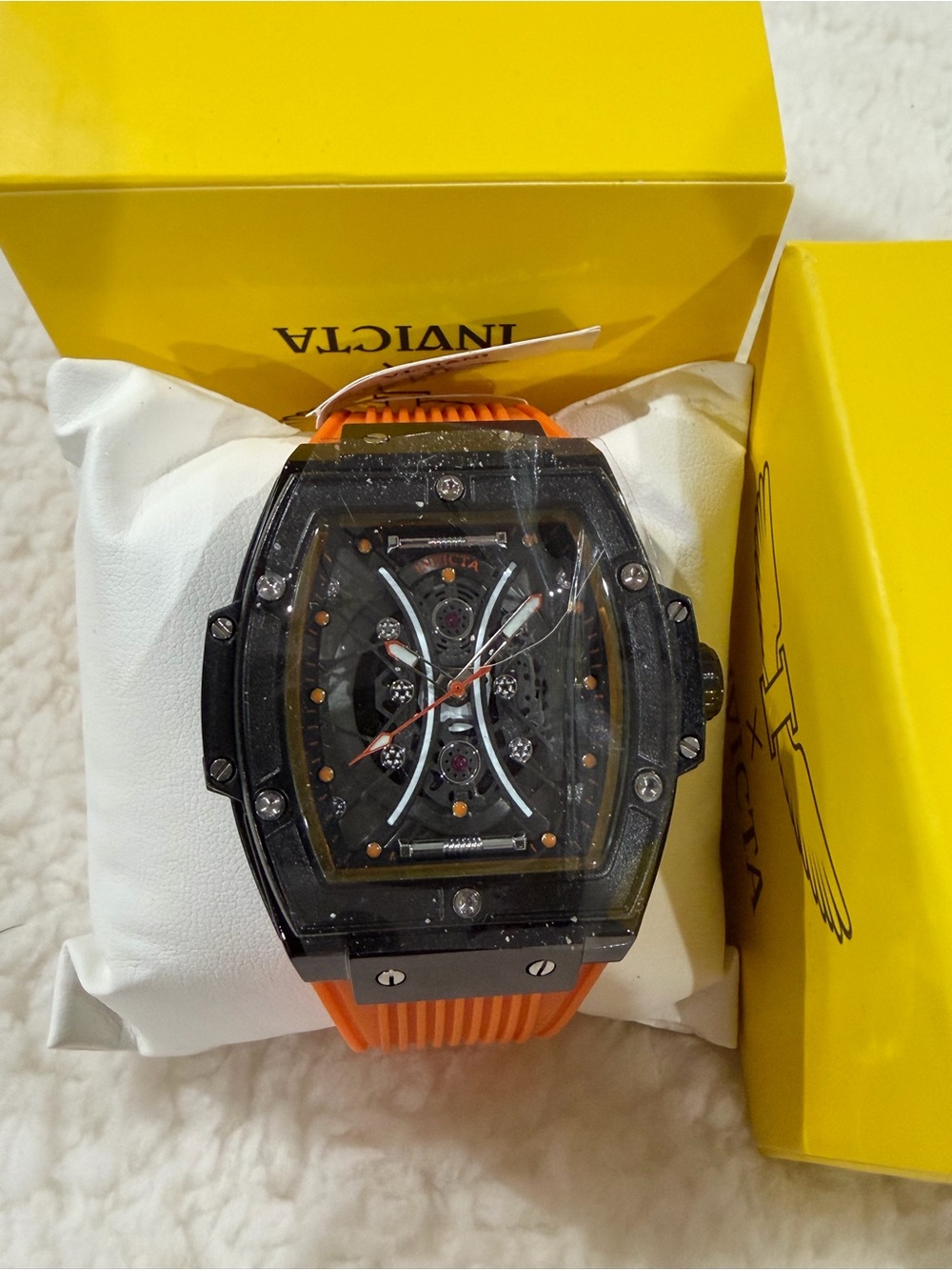 Invicta Orange Strap Black Case Skeleton Sport Watch